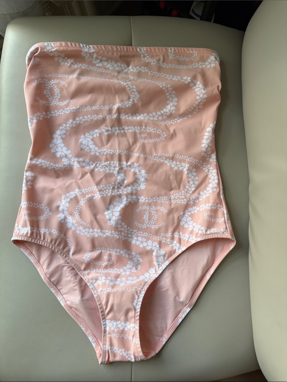 CHANEL Peach and White Floral Strapless Swimsuit